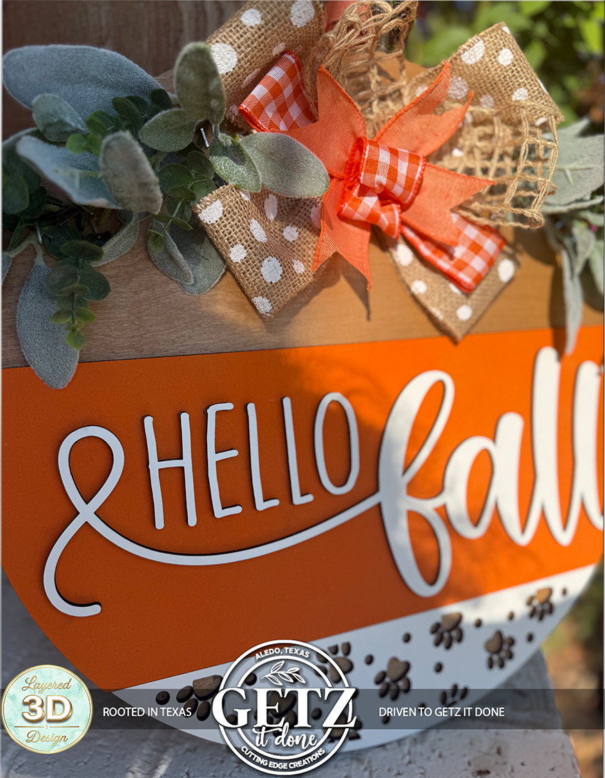 Hello Fall Wood Door Hanger 3D Layered Sign Dog Paw Print Decor Wreath