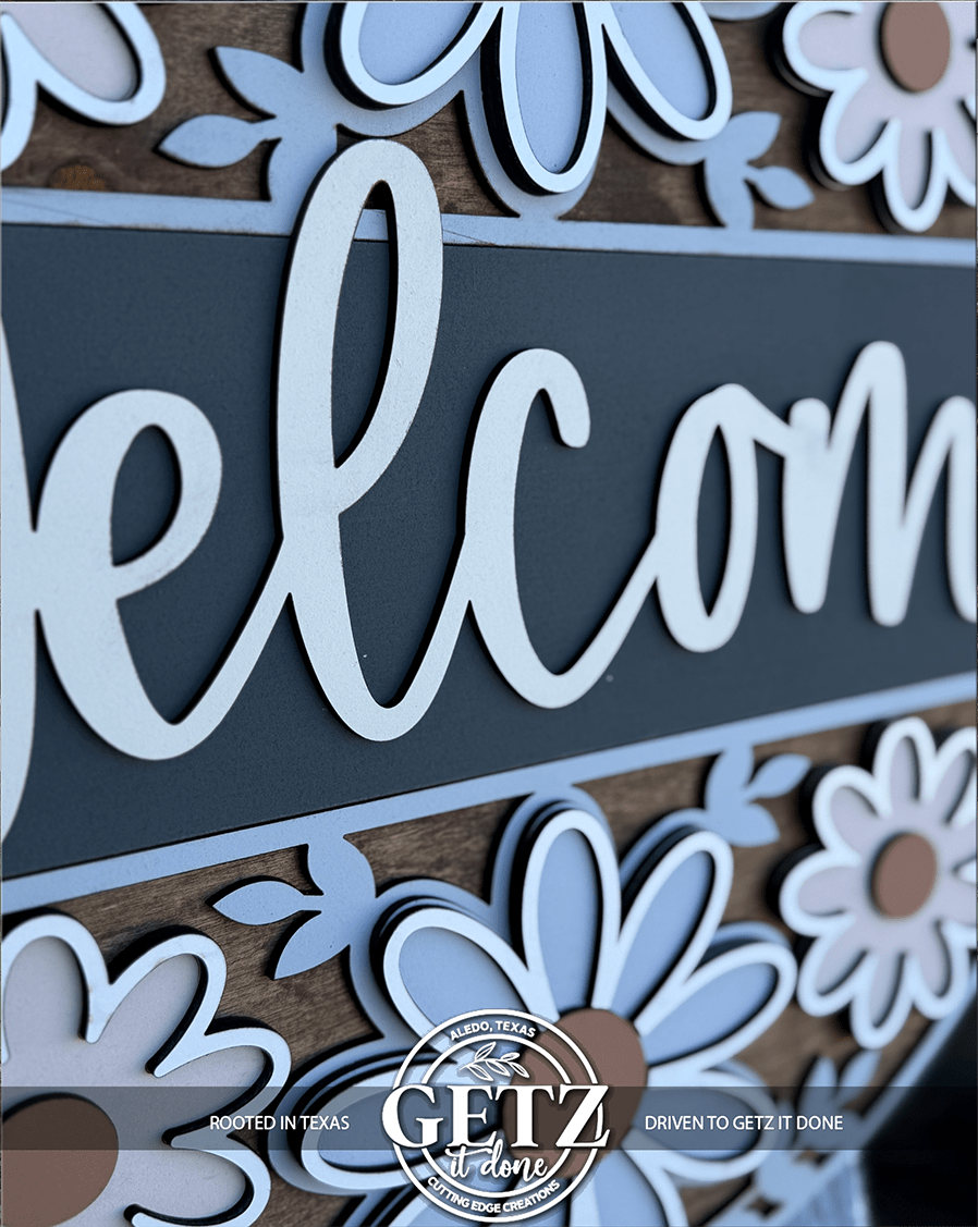 Floral Welcome Sign | Farmhouse Daisy Door Hanger | Spring Front Porch Decor | Round Wood Rustic Sign - 3D Layered Wood Door Sign by Getz It Done Studio