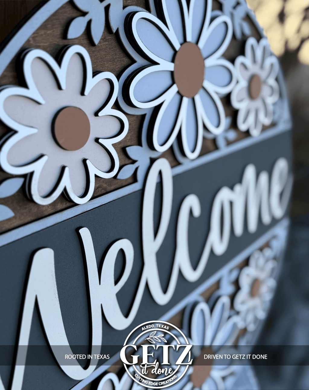 Floral Welcome Sign | Farmhouse Daisy Door Hanger | Spring Front Porch Decor | Round Wood Rustic Sign - 3D Layered Wood Door Sign by Getz It Done Studio