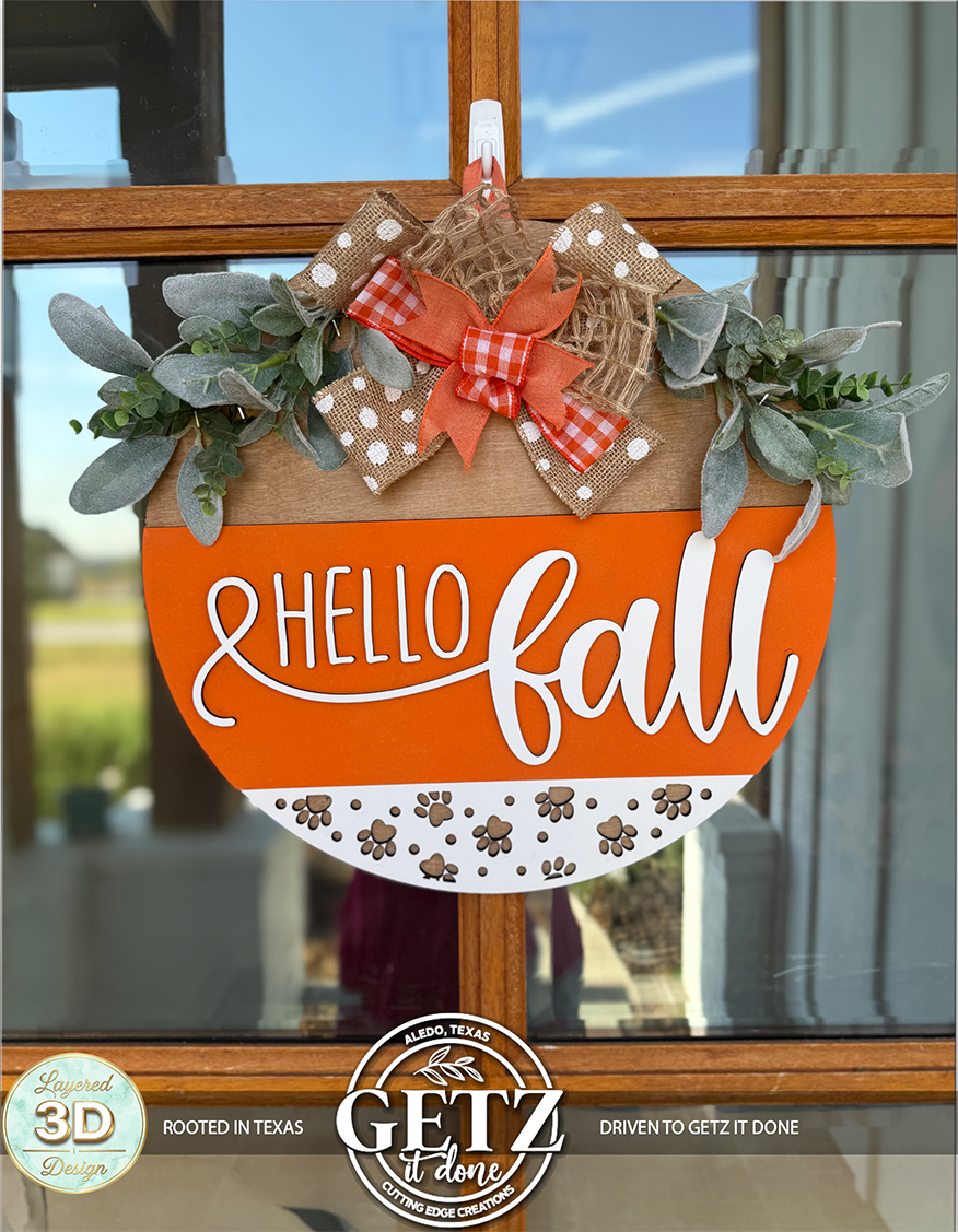 Hello Fall Wood Door Hanger 3D Layered Sign Dog Paw Print Decor Wreath