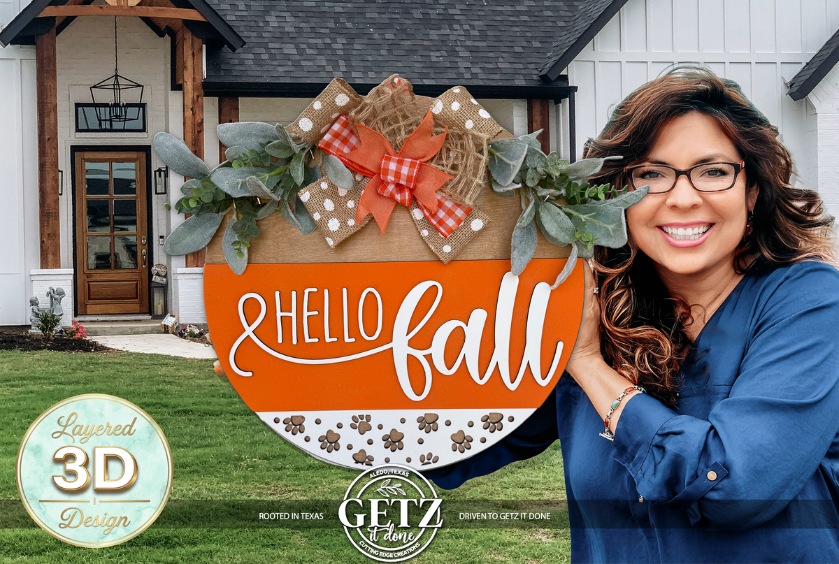 Hello Fall Wood Door Hanger 3D Layered Sign Dog Paw Print Decor Wreath