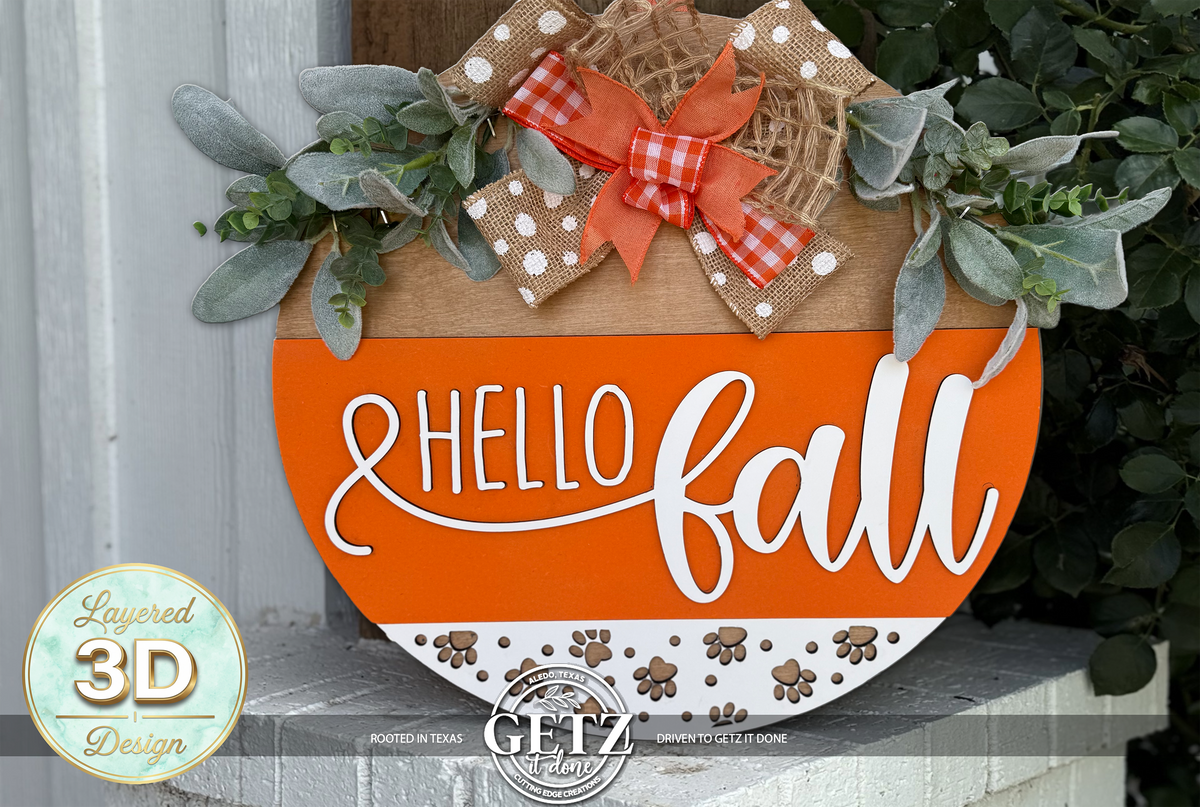 Hello Fall Wood Door Hanger 3D Layered Sign Dog Paw Print Decor Wreath