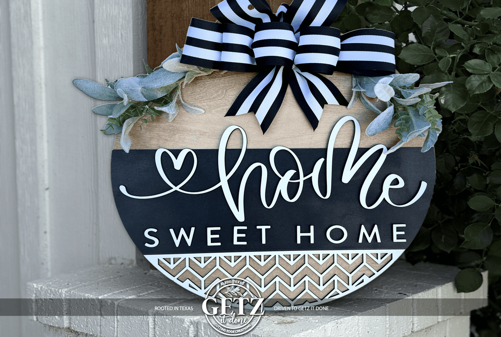 Home Sweet Home Door Hanger | Round Wood Front Door Sign | Farmhouse Welcome Sign | Black & White Door Decor - 3D Layered Wood Door Sign by Getz It Done Studio