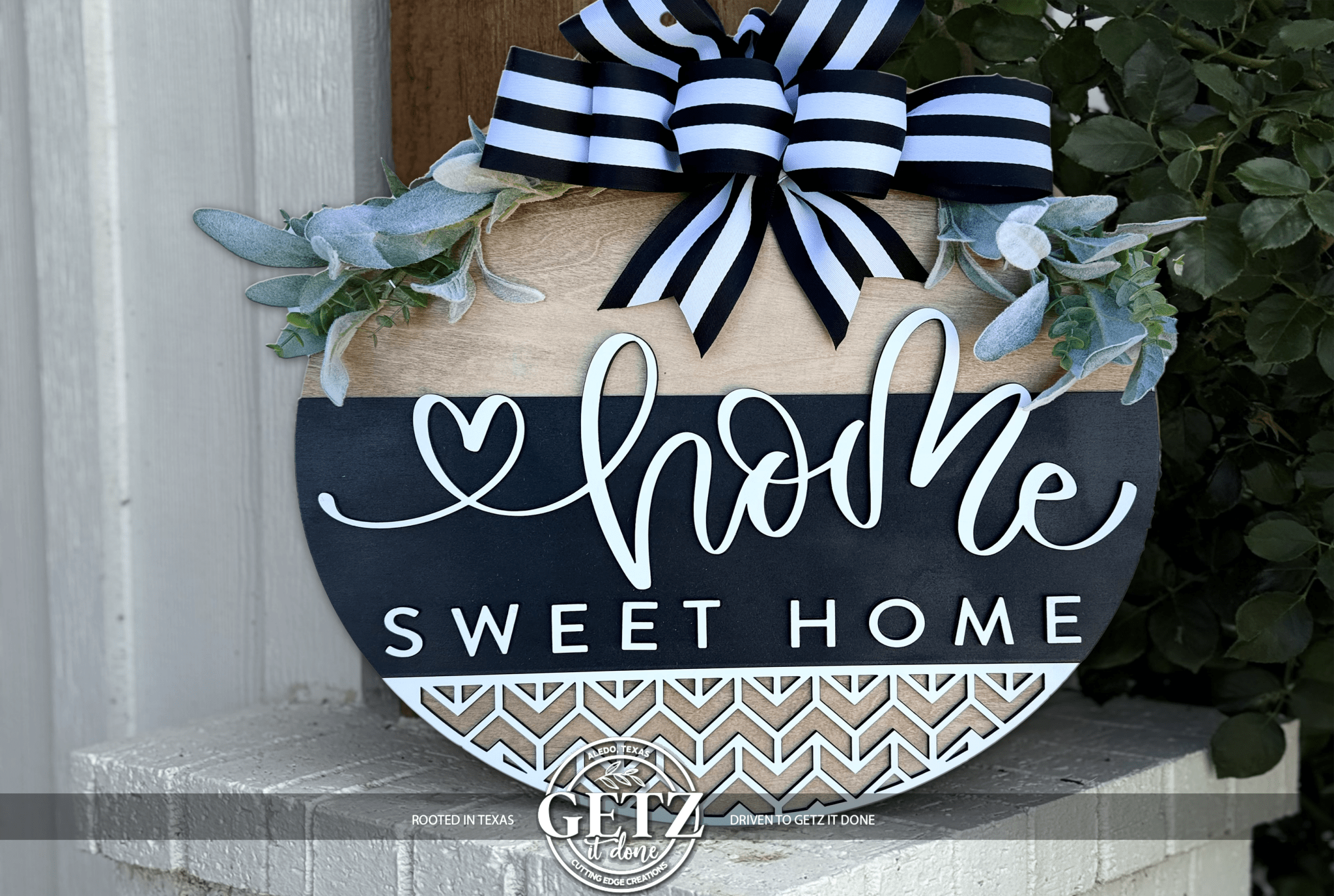 Home Sweet Home Door Hanger | Round Wood Front Door Sign | Farmhouse Welcome Sign | Black & White Door Decor - 3D Layered Wood Door Sign by Getz It Done Studio