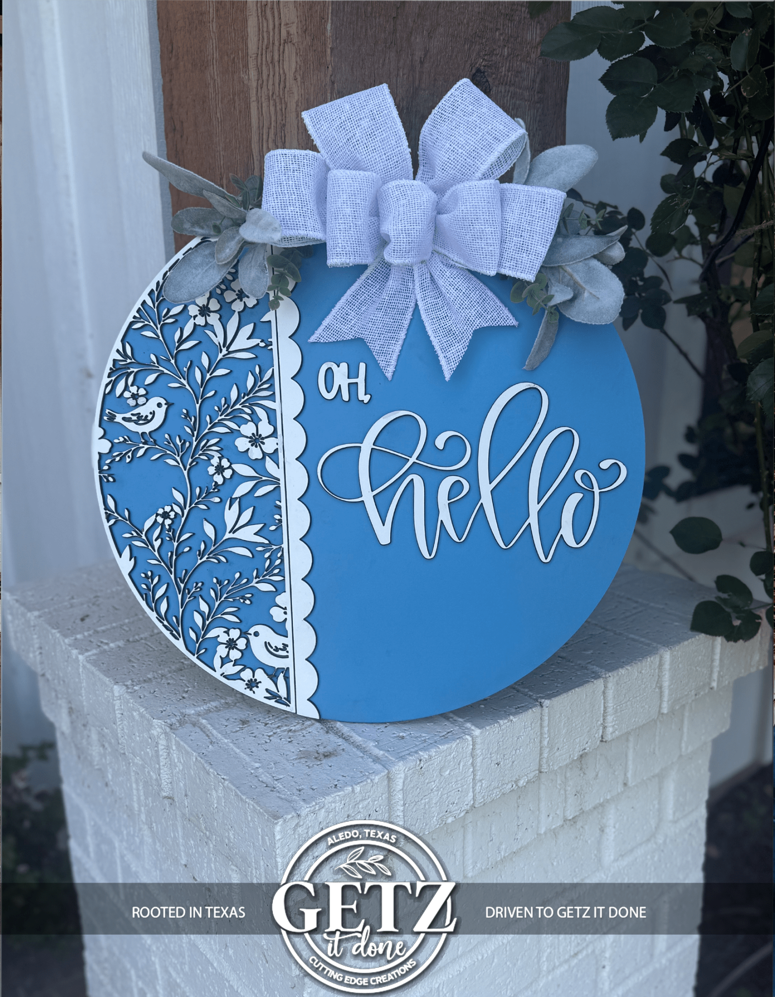 Blue and White Oh Hello Door Sign | Spring Front Door Decor | Farmhouse Porch Sign | Laser Cut Wooden Wreath - 3D Layered Wood Door Sign by Getz It Done Studio