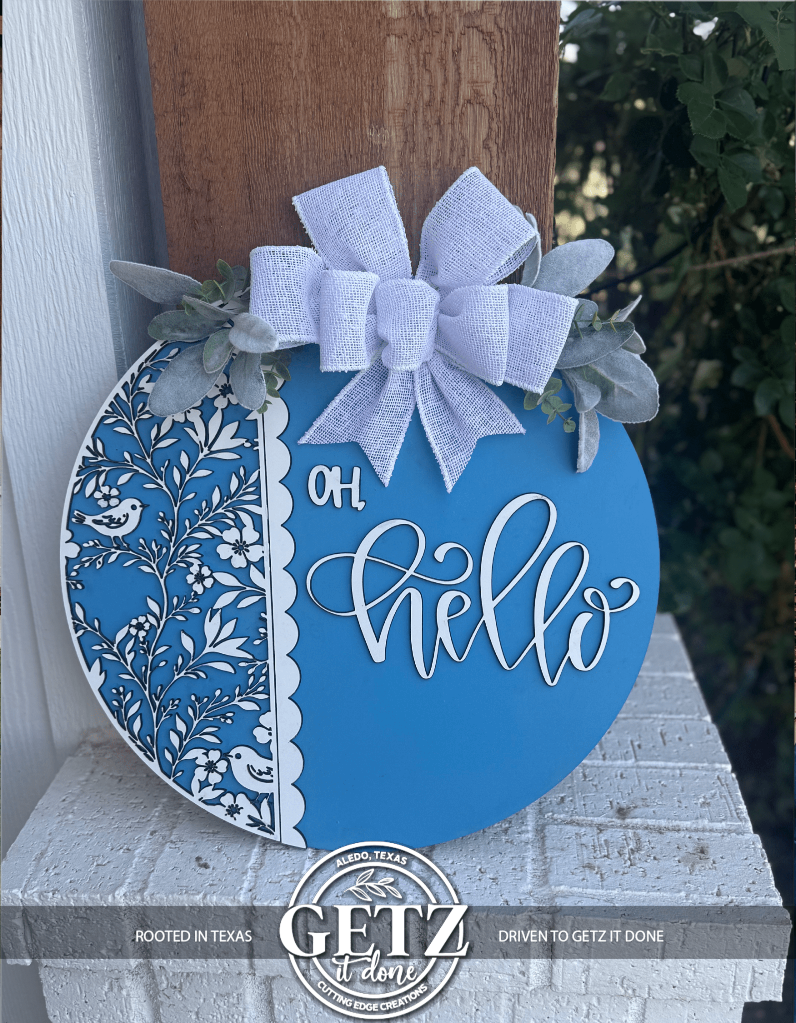Blue and White Oh Hello Door Sign | Spring Front Door Decor | Farmhouse Porch Sign | Laser Cut Wooden Wreath - 3D Layered Wood Door Sign by Getz It Done Studio
