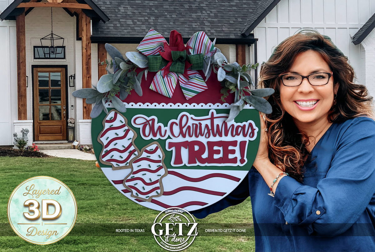 Oh Christmas Tree Cookie Door Sign – Laser Cut 3D Christmas Wreath, Holiday Front Door Hanger with Green Bow & Cookie Design (12”, 16”, 18”, 20”)