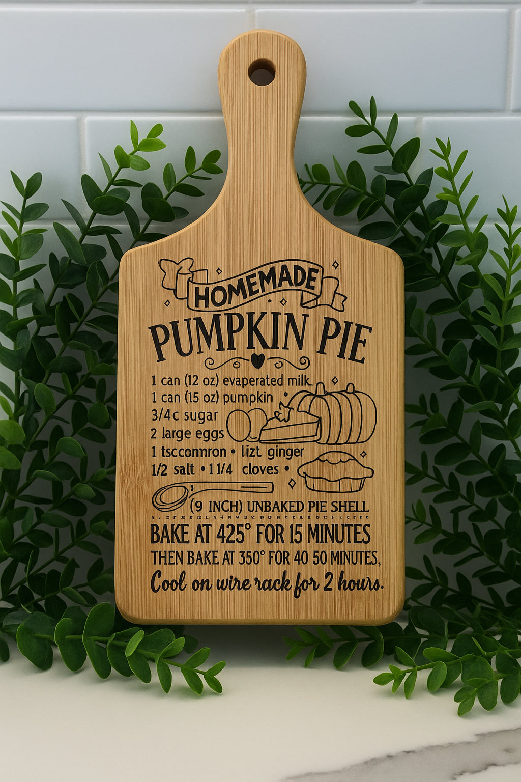 A wooden cutting board with a pumpkin pie recipe engraved on it, surrounded by green leaves. The recipe lists ingredients and baking instructions, with decorative pumpkin and banner illustrations.