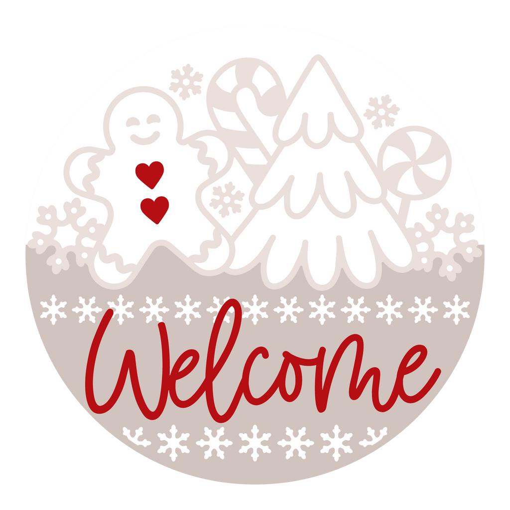 Neutral Gingerbread Welcome Sign | Christmas Door Hanger | Beige Holiday Porch Decor | Gingerbread Tree Candy Sign | Winter Front Door Round - 3D Layered Wood Door Sign by Getz It Done Studio