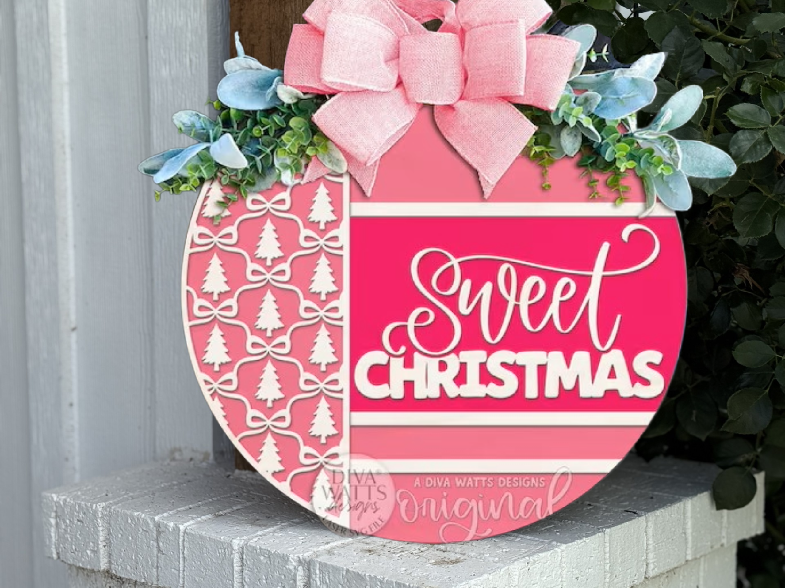 Sweet Christmas Door Hanger • Pink Layered Trees & Bows Sign • Holiday Porch Decor