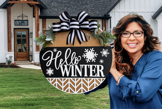 Hello Winter Door Sign – Black and White Winter Door Hanger, Snowflake Porch Decor, Farmhouse Winter Sign, Handmade Layered Wood
