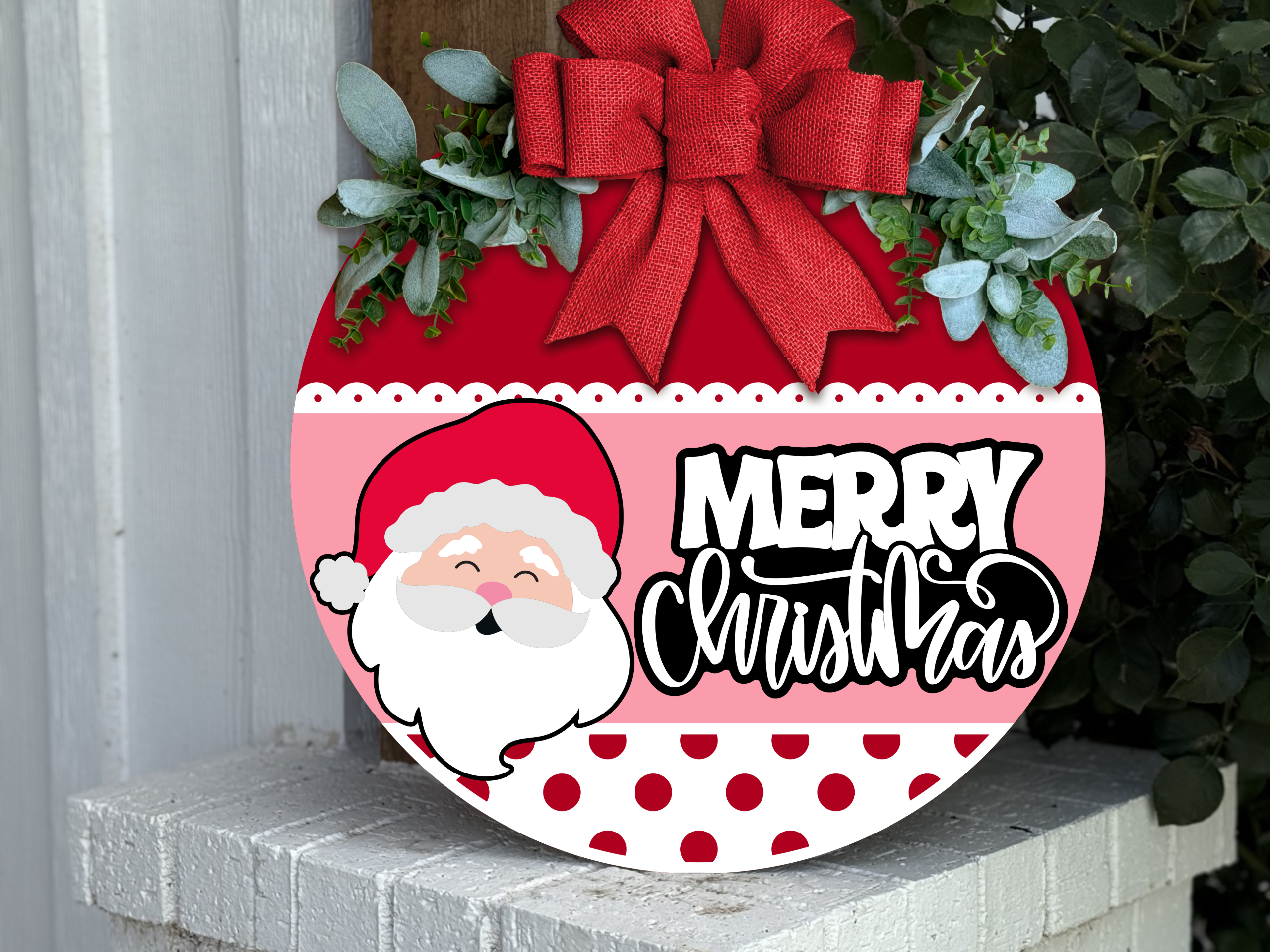 Santa Merry Christmas Door Hanger | Pink & Red Christmas Door Sign | Cute Santa Front Door Decor | 3D Layered Holiday Porch Sign | Handmade Gift