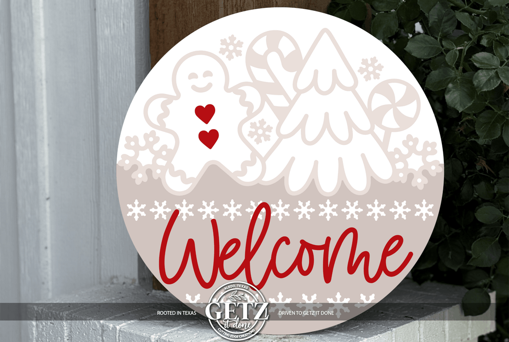 Neutral Gingerbread Welcome Sign | Christmas Door Hanger | Beige Holiday Porch Decor | Gingerbread Tree Candy Sign | Winter Front Door Round - 3D Layered Wood Door Sign by Getz It Done Studio