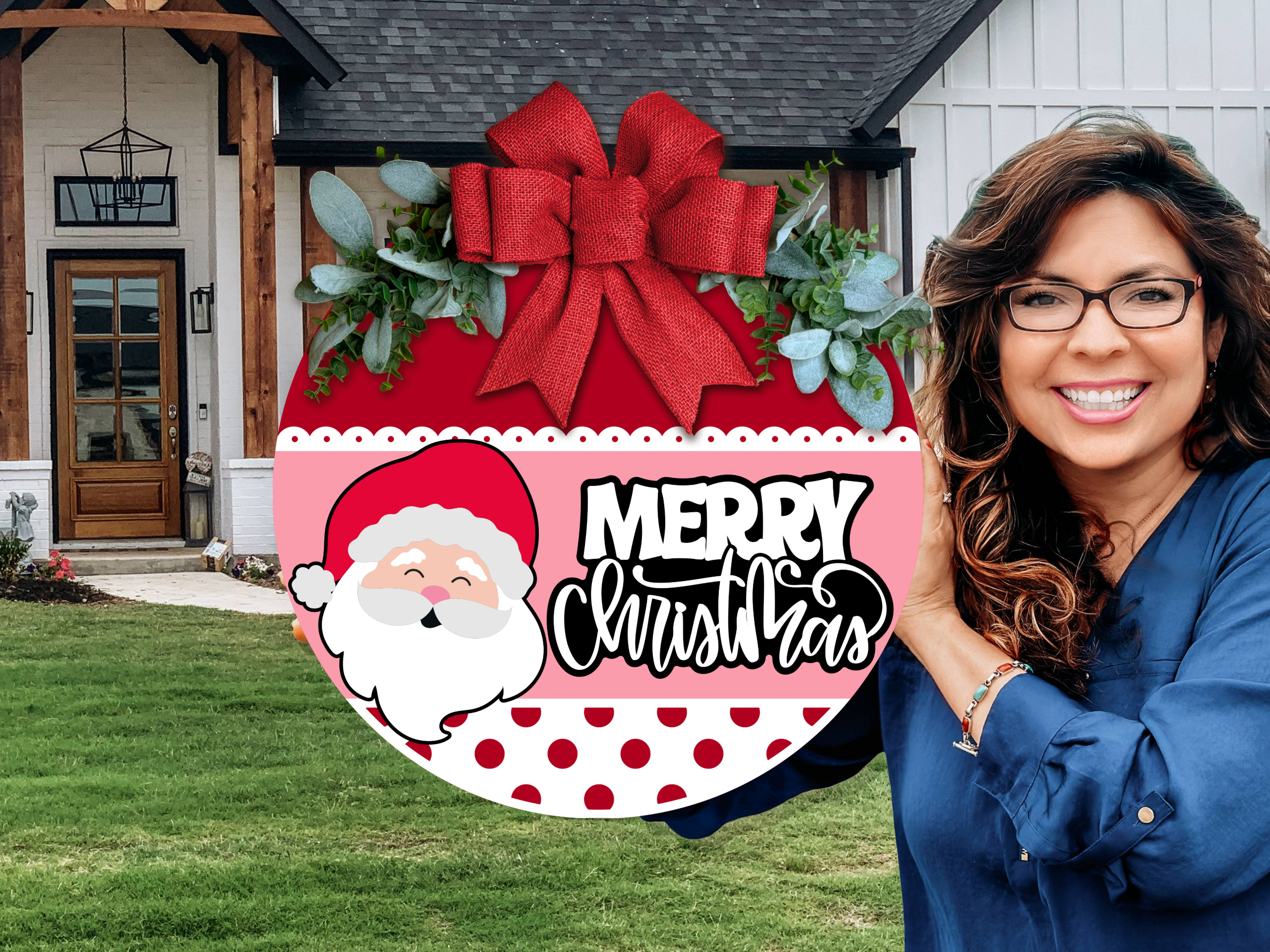 Santa Merry Christmas Door Hanger | Pink & Red Christmas Door Sign | Cute Santa Front Door Decor | 3D Layered Holiday Porch Sign | Handmade Gift