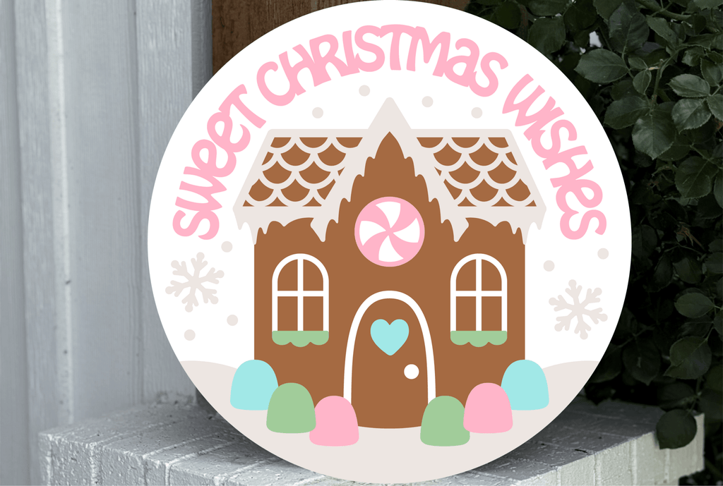 Sweet Christmas Wishes Sign | Gingerbread House Door Hanger | Cute Pastel Holiday Porch Decor | Christmas Front Door Round Sign - 3D Layered Wood Door Sign by Getz It Done Studio