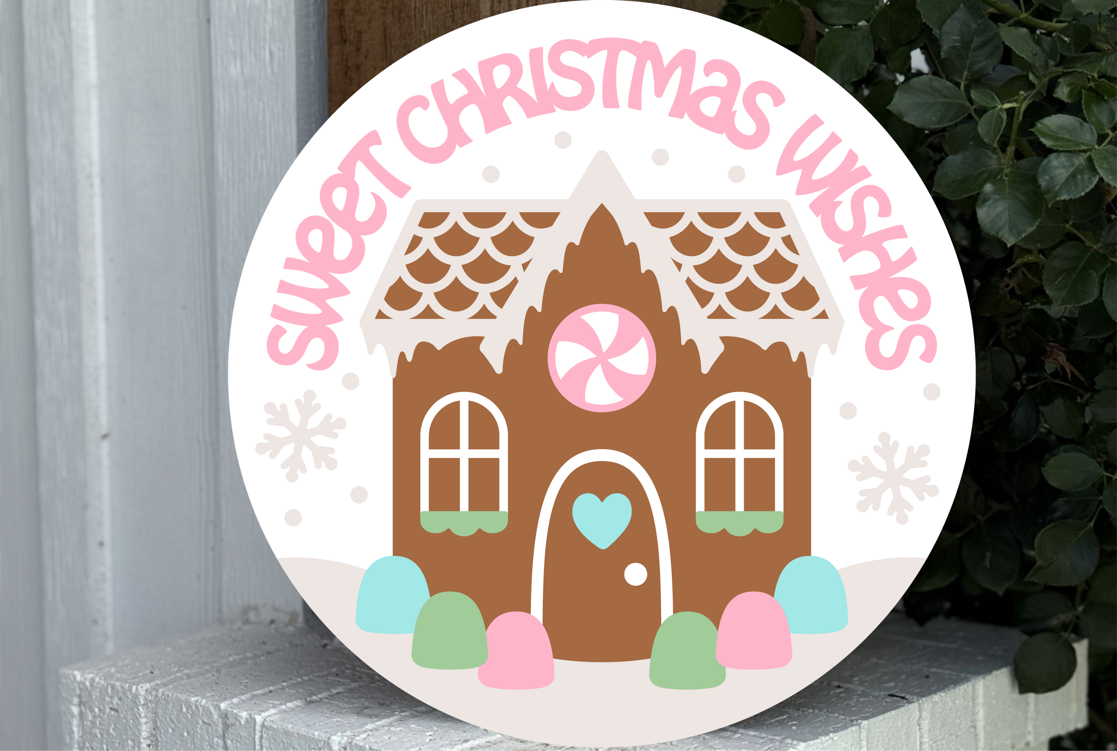 Sweet Christmas Wishes Sign | Gingerbread House Door Hanger | Cute Pastel Holiday Porch Decor | Christmas Front Door Round Sign