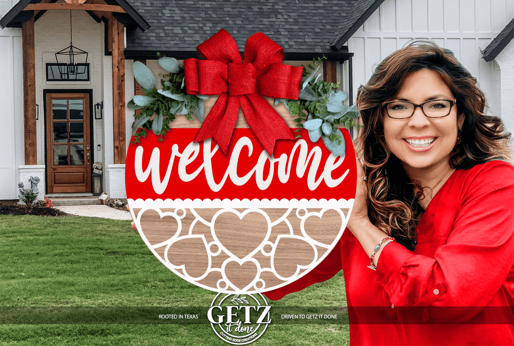 Valentine Welcome Door Hanger • Heart Door Sign • Valentine Front Door Decor • Red Valentine Porch Sign • Love Welcome Sign - 3D Layered Wood Door Sign by Getz It Done Studio