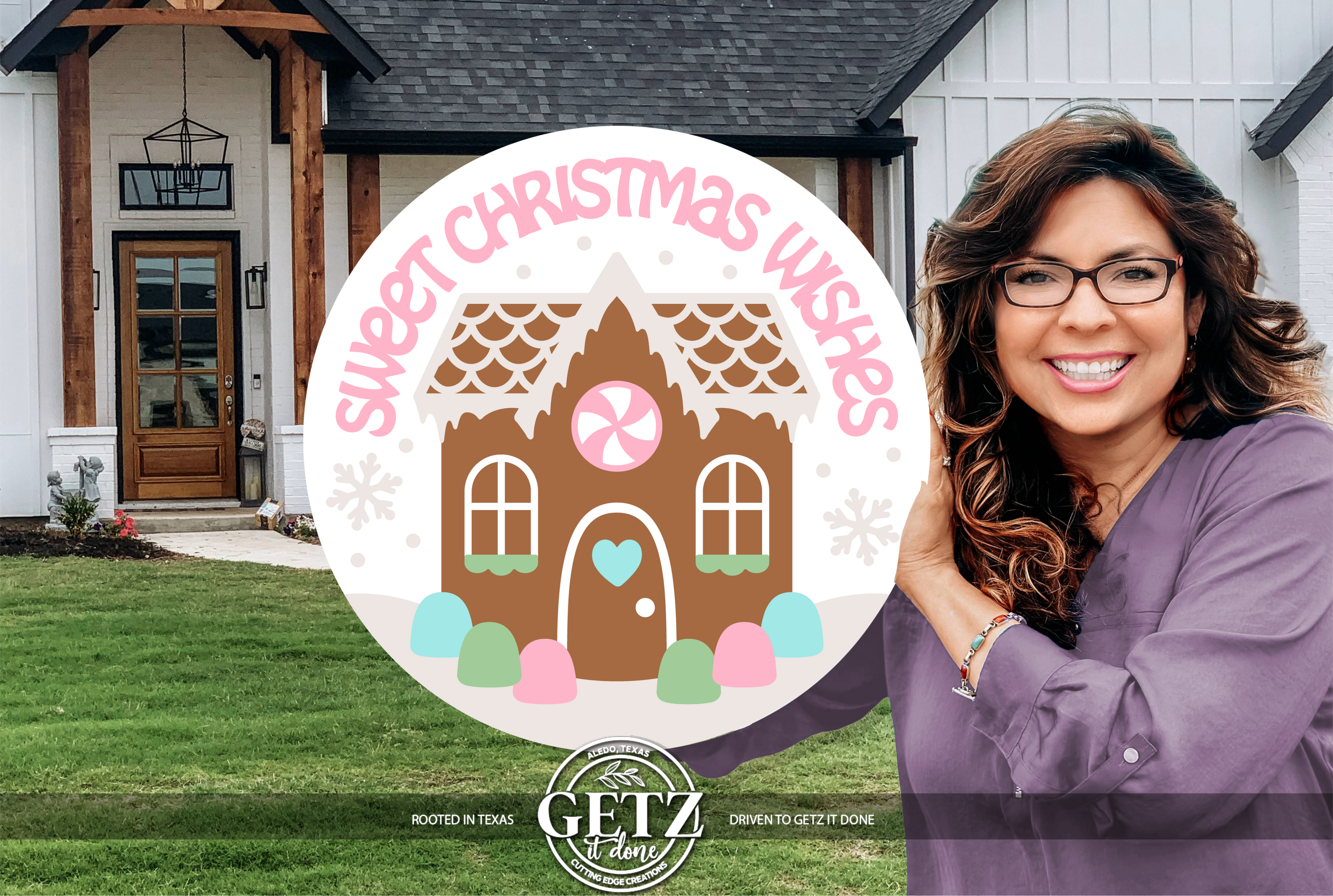 Sweet Christmas Wishes Sign | Gingerbread House Door Hanger | Cute Pastel Holiday Porch Decor | Christmas Front Door Round Sign