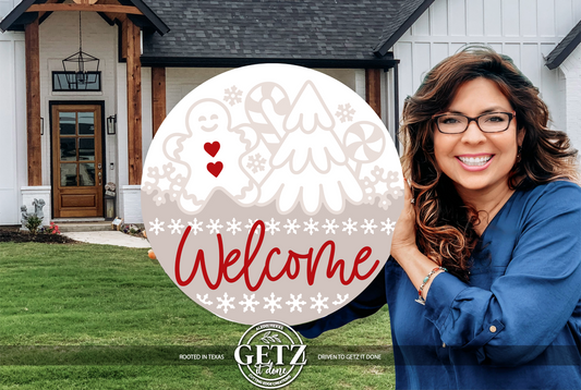 Neutral Gingerbread Welcome Sign | Christmas Door Hanger | Beige Holiday Porch Decor | Gingerbread Tree Candy Sign | Winter Front Door Round