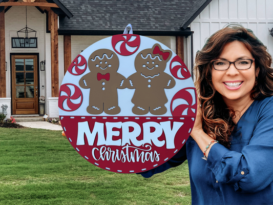 Merry Christmas Gingerbread Door Sign – Peppermint and Cookie Couple Door Hanger, Handmade Layered Wood Holiday Decor