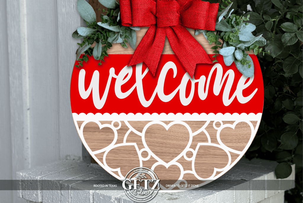 Valentine Welcome Door Hanger • Heart Door Sign • Valentine Front Door Decor • Red Valentine Porch Sign • Love Welcome Sign - 3D Layered Wood Door Sign by Getz It Done Studio
