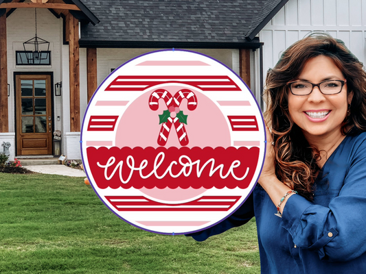 Candy Cane Welcome Door Sign • Christmas Front Porch Decor • Red & Pink Holiday Door Hanger • Laser Cut Layered Round Sign • Winter Home Decor