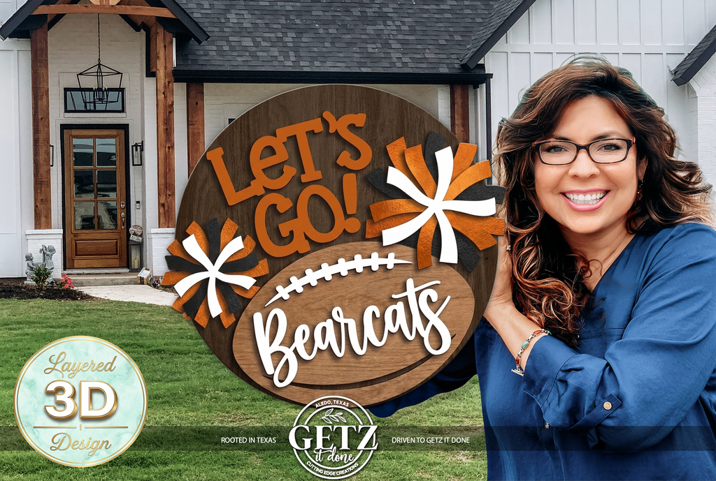 3D Layered Wood Game Day Door Hanger - "Let's Go!" Eagles & Bearcats Football Sign with 3D Pom Poms | School Spirit & Game Day Decor