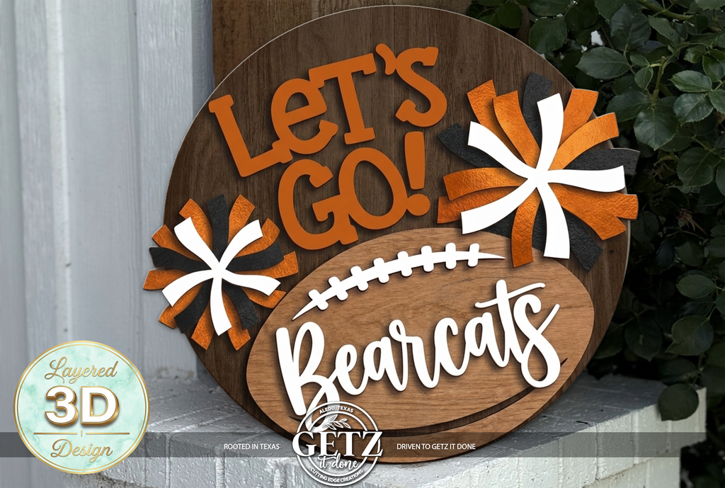 3D Layered Wood Game Day Door Hanger - "Let's Go!" Eagles & Bearcats Football Sign with 3D Pom Poms | School Spirit & Game Day Decor