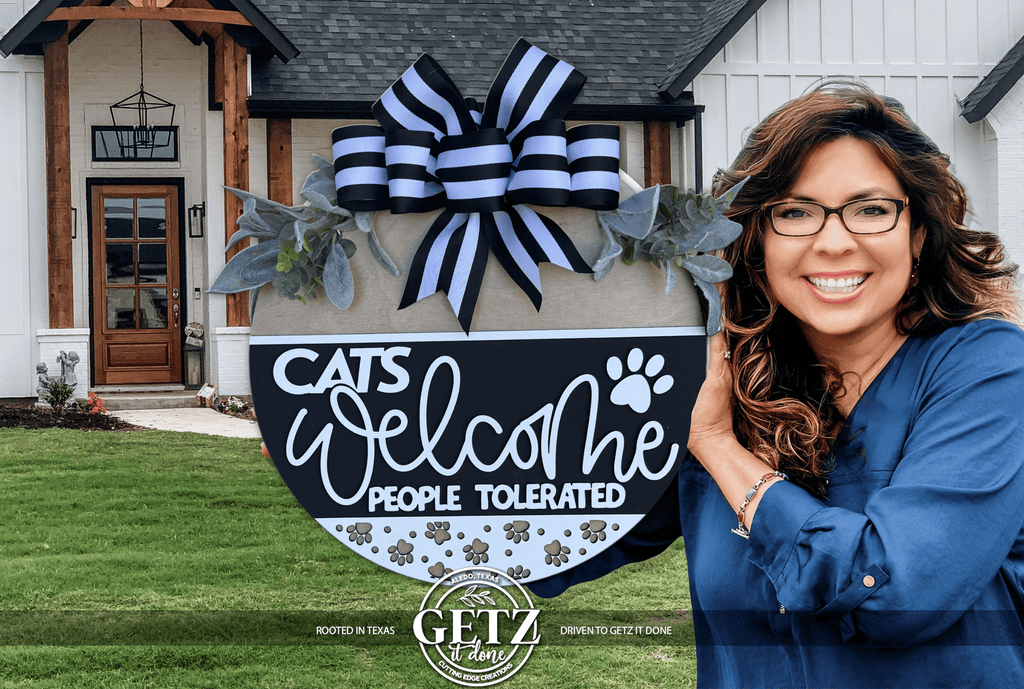 Cats Welcome People Tolerated Door Sign, Funny Cat Door Hanger, Cat Lover Gift, Farmhouse Pet Decor, Layered Wood Front Door Sign - 3D Layered Wood Door Sign by Getz It Done Studio