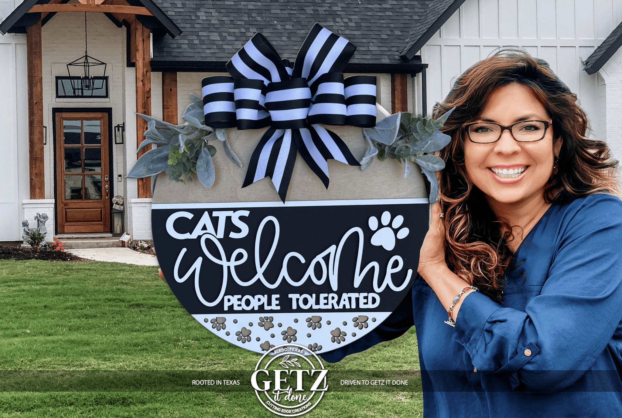 Cats Welcome People Tolerated Door Sign, Funny Cat Door Hanger, Cat Lover Gift, Farmhouse Pet Decor, Layered Wood Front Door Sign - 3D Layered Wood Door Sign by Getz It Done Studio