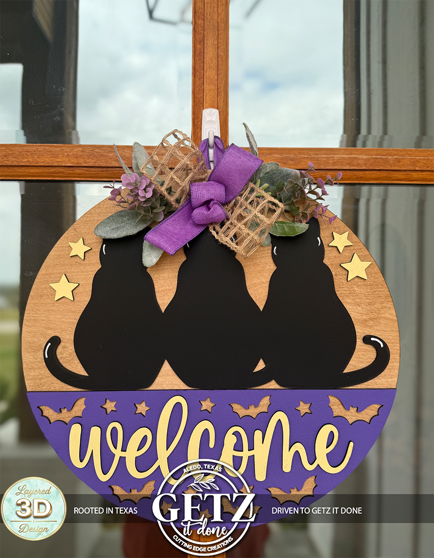 3D Layered Black Cats Welcome Door Hanger – Halloween & Fall Wooden Door Wreath