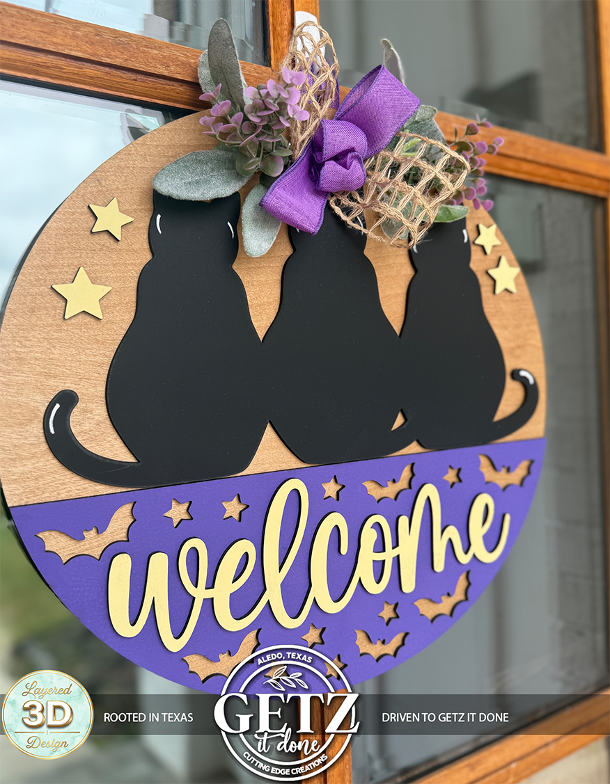 3D Layered Black Cats Welcome Door Hanger – Halloween & Fall Wooden Door Wreath
