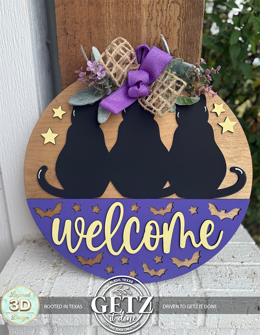 3D Layered Black Cats Welcome Door Hanger – Halloween & Fall Wooden Door Wreath