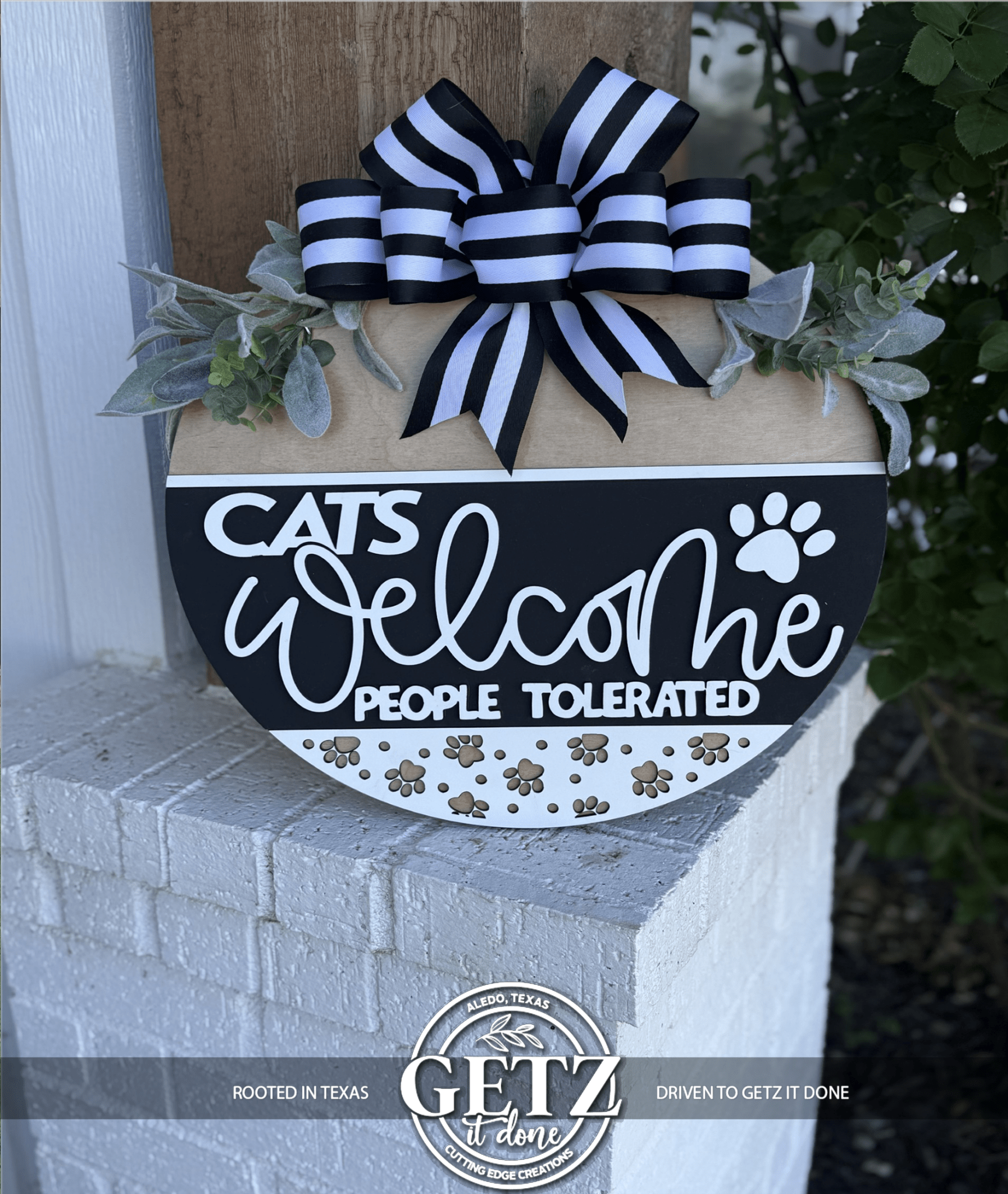 Cats Welcome People Tolerated Door Sign, Funny Cat Door Hanger, Cat Lover Gift, Farmhouse Pet Decor, Layered Wood Front Door Sign - 3D Layered Wood Door Sign by Getz It Done Studio