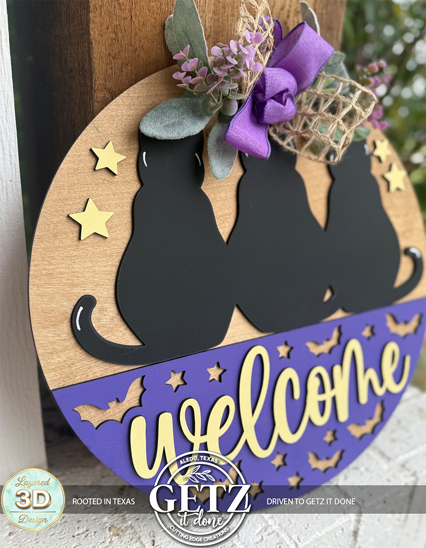 3D Layered Black Cats Welcome Door Hanger – Halloween & Fall Wooden Door Wreath