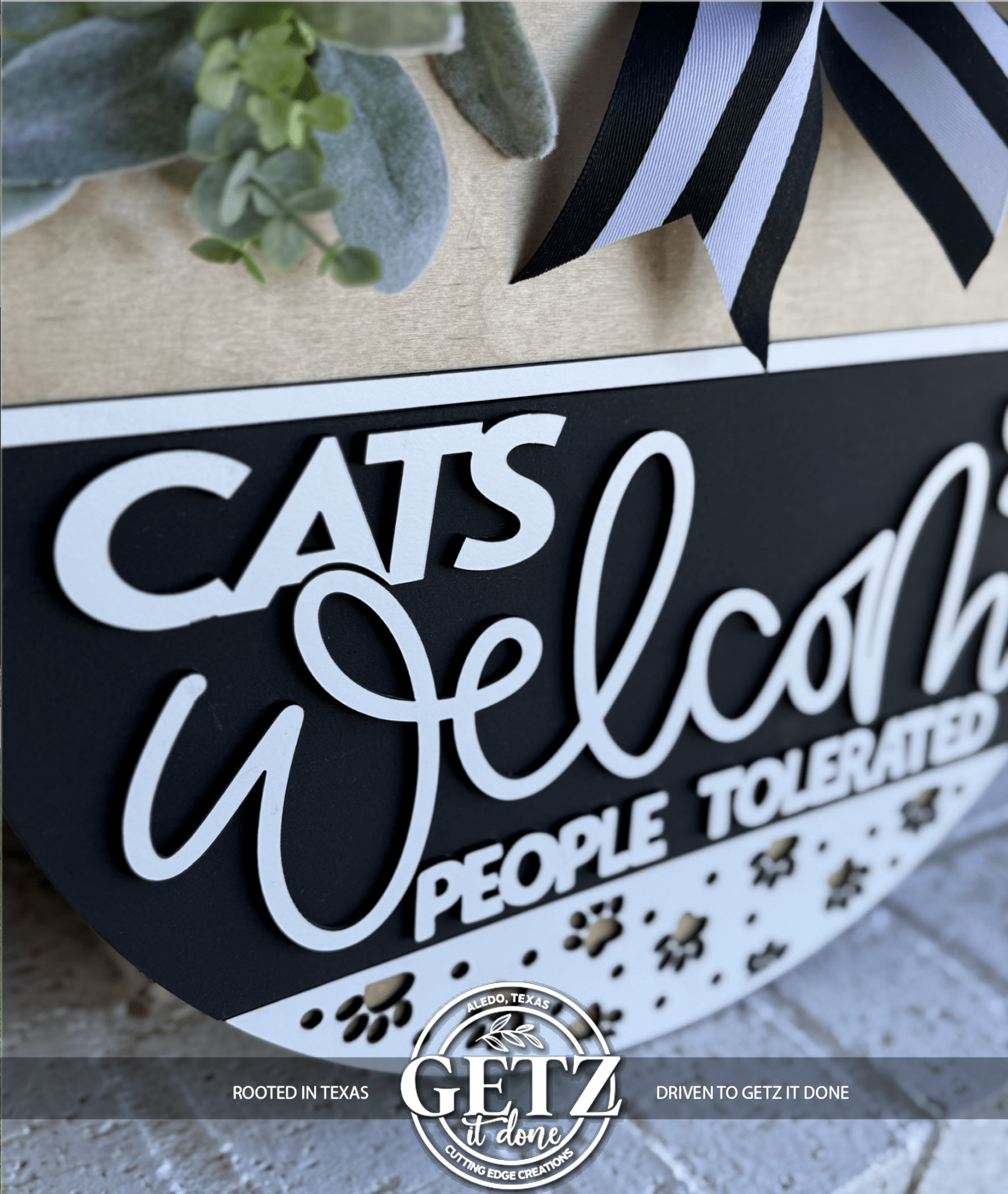 Cats Welcome People Tolerated Door Sign, Funny Cat Door Hanger, Cat Lover Gift, Farmhouse Pet Decor, Layered Wood Front Door Sign - 3D Layered Wood Door Sign by Getz It Done Studio