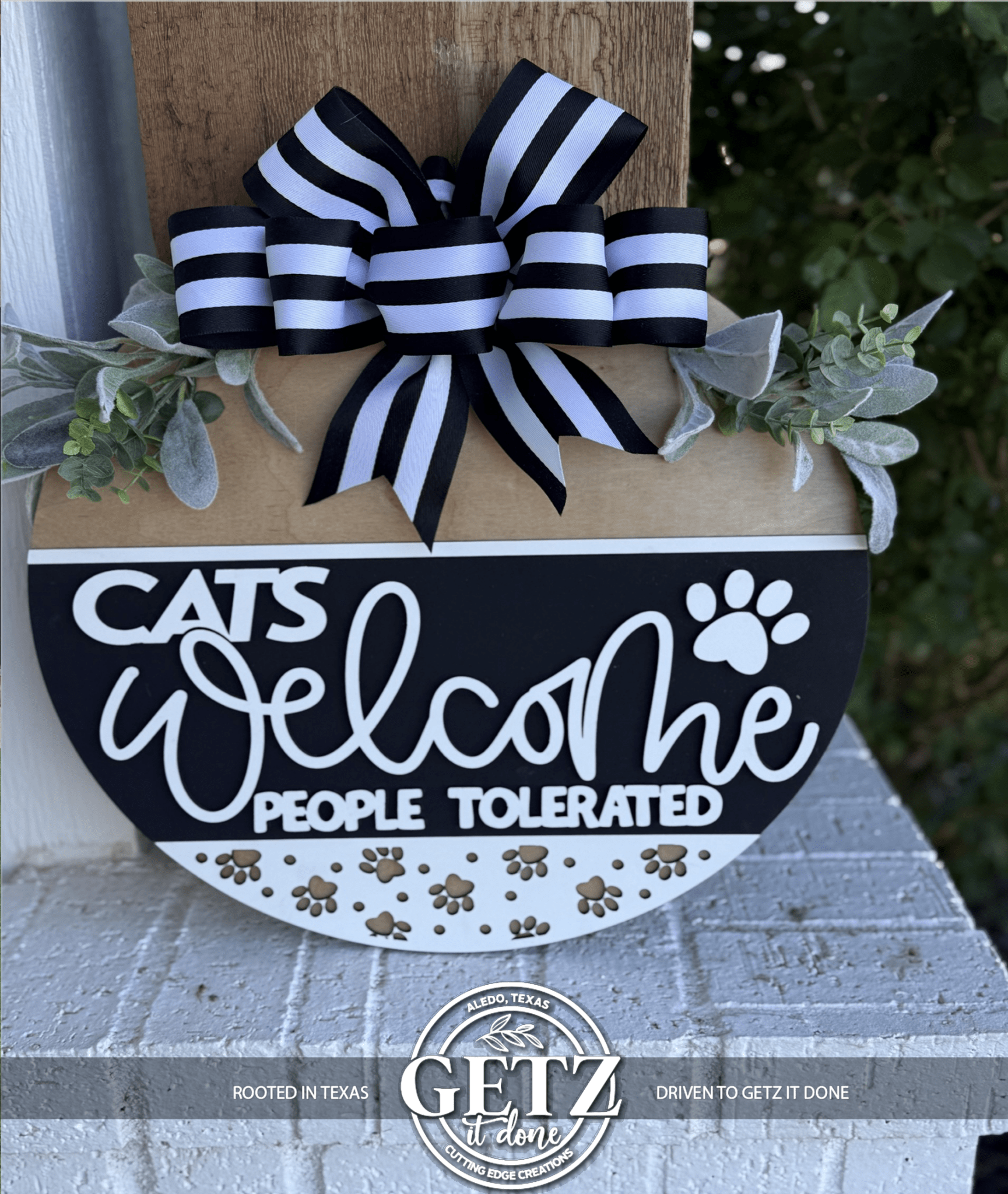 Cats Welcome People Tolerated Door Sign, Funny Cat Door Hanger, Cat Lover Gift, Farmhouse Pet Decor, Layered Wood Front Door Sign - 3D Layered Wood Door Sign by Getz It Done Studio