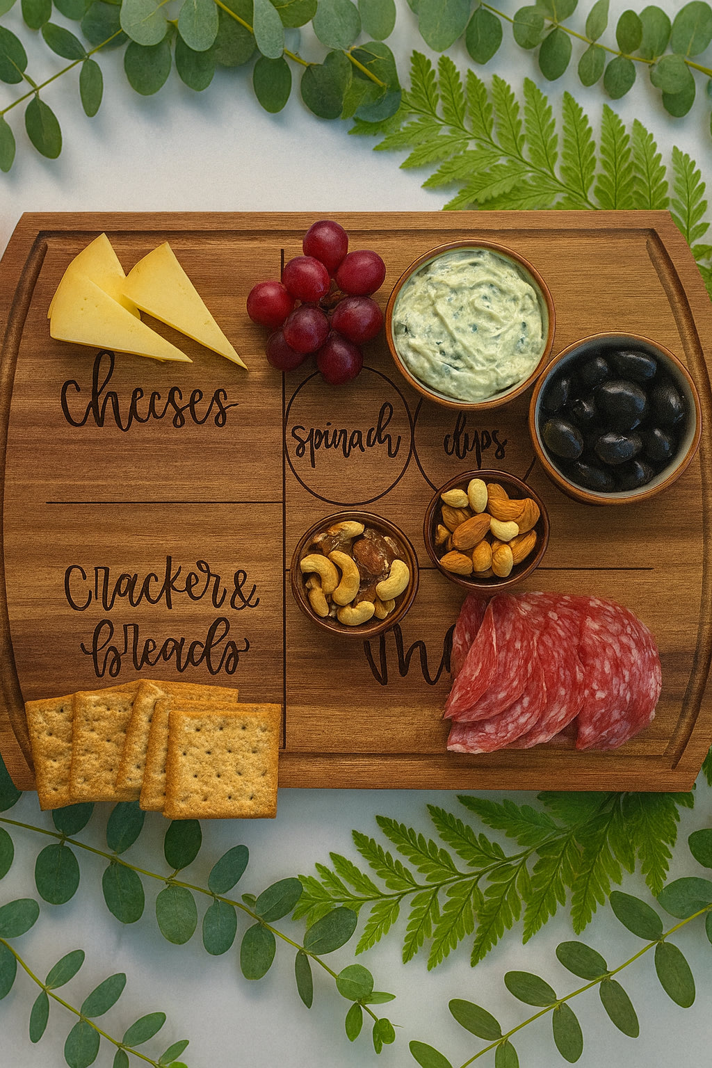 A wooden serving board with cheese slices, red grapes, spinach dip, black olives, mixed nuts, salami slices, and crackers, arranged in labeled sections on a leafy background.