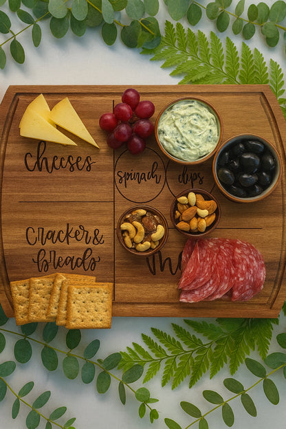 A wooden serving board with cheese slices, red grapes, spinach dip, black olives, mixed nuts, salami slices, and crackers, arranged in labeled sections on a leafy background.
