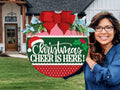 Christmas Cheer Is Here Door Sign | Rustic Wooden Holiday Wreath | Farmhouse Christmas Porch Decor | Red & Green Festive Hanger - 3D Layered Wood Door Sign by Getz It Done Studio