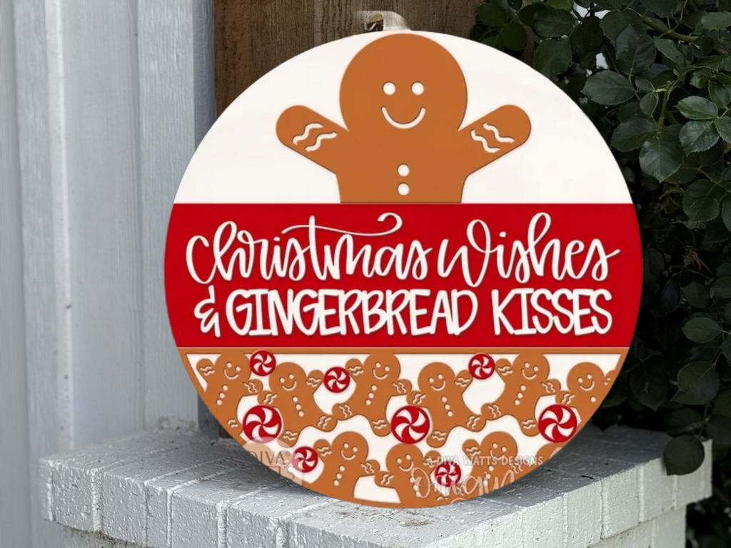 Christmas Wishes & Gingerbread Kisses Door Sign • Gingerbread Man Decor • Christmas Porch Sign • Holiday Gingerbread Round Door Hanger