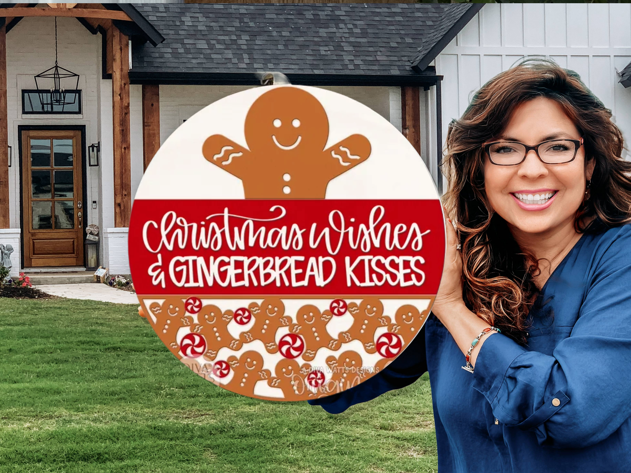 Christmas Wishes & Gingerbread Kisses Door Sign • Gingerbread Man Decor • Christmas Porch Sign • Holiday Gingerbread Round Door Hanger