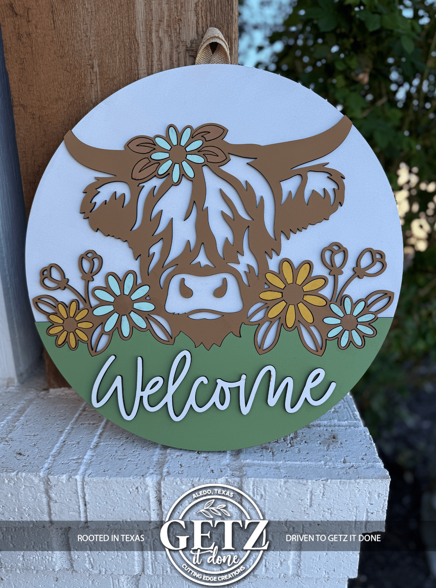 Highland Cow Welcome Sign | Farmhouse Door Hanger | Spring Floral Front Porch Decor | Rustic Cow Round Sign - 3D Layered Wood Door Sign by Getz It Done Studio