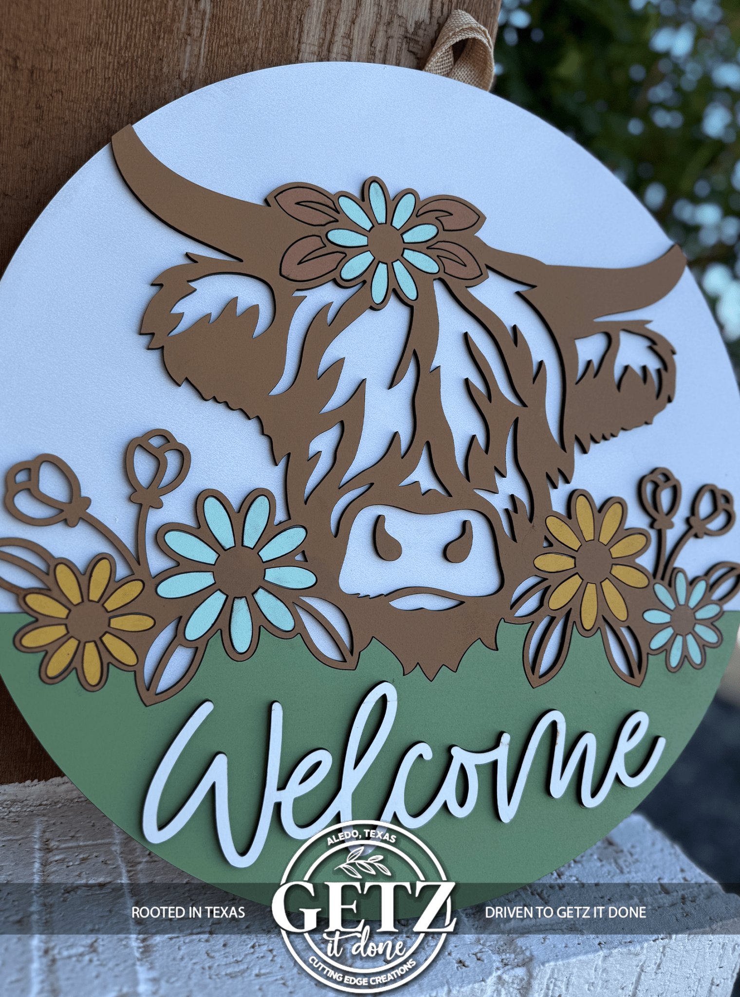 Highland Cow Welcome Sign | Farmhouse Door Hanger | Spring Floral Front Porch Decor | Rustic Cow Round Sign - 3D Layered Wood Door Sign by Getz It Done Studio