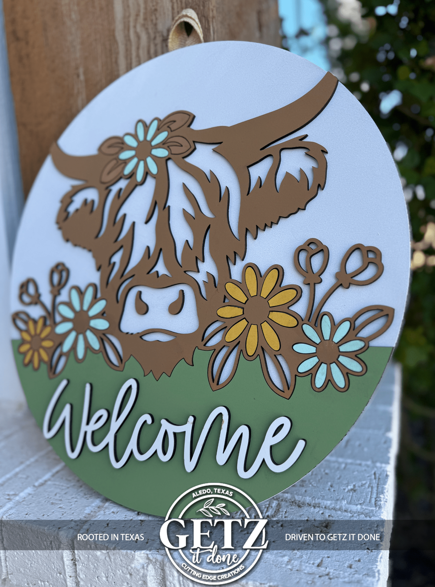 Highland Cow Welcome Sign | Farmhouse Door Hanger | Spring Floral Front Porch Decor | Rustic Cow Round Sign - 3D Layered Wood Door Sign by Getz It Done Studio