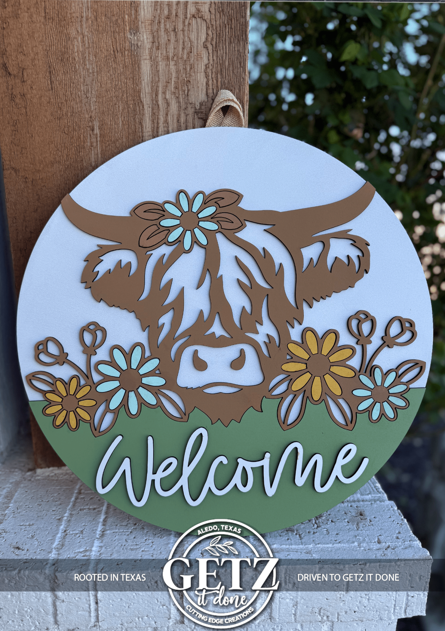 Highland Cow Welcome Sign | Farmhouse Door Hanger | Spring Floral Front Porch Decor | Rustic Cow Round Sign - 3D Layered Wood Door Sign by Getz It Done Studio