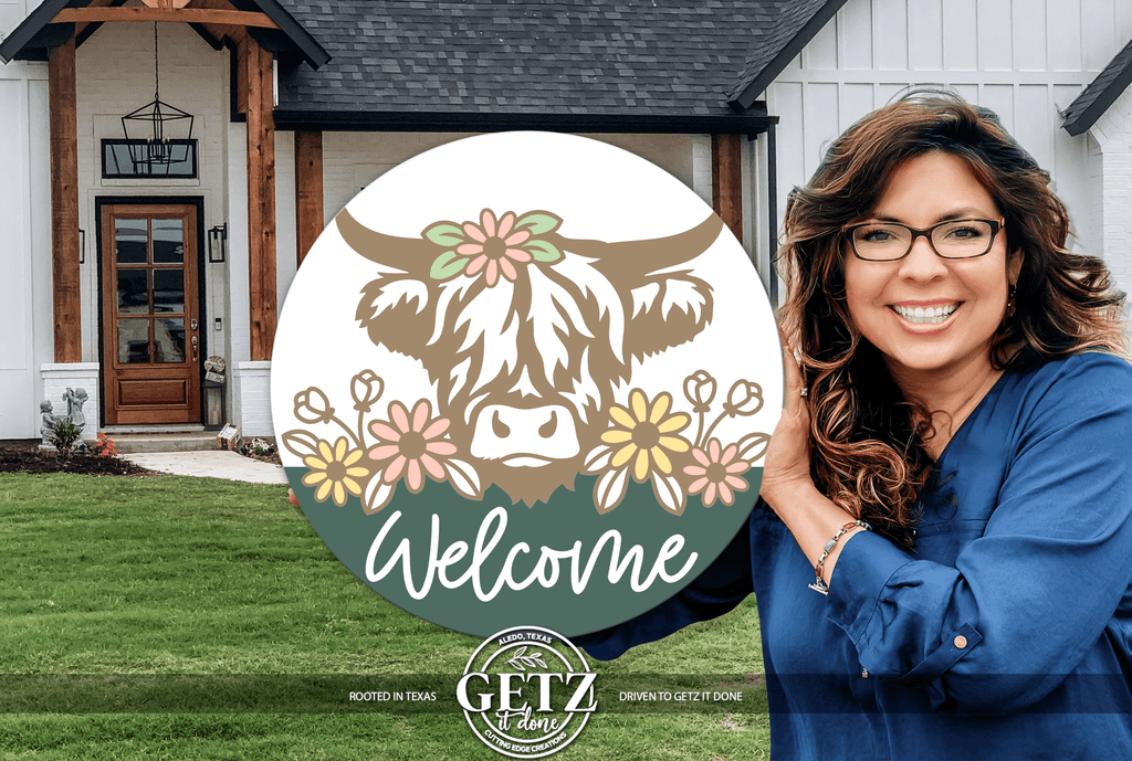 Highland Cow Welcome Sign | Farmhouse Door Hanger | Spring Floral Front Porch Decor | Rustic Cow Round Sign - 3D Layered Wood Door Sign by Getz It Done Studio