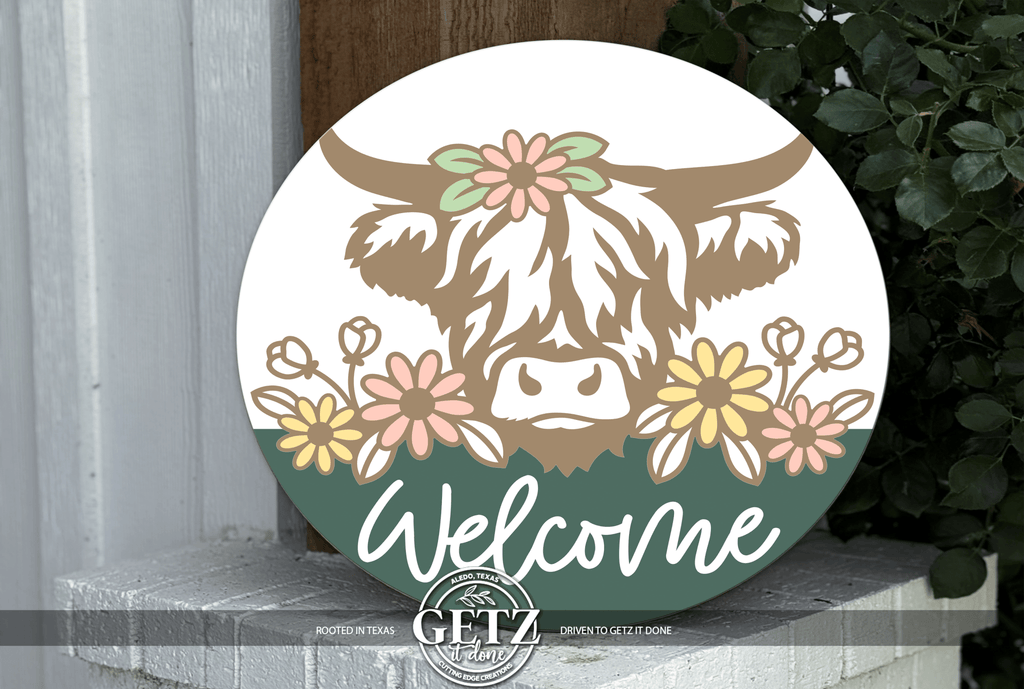Highland Cow Welcome Sign | Farmhouse Door Hanger | Spring Floral Front Porch Decor | Rustic Cow Round Sign - 3D Layered Wood Door Sign by Getz It Done Studio