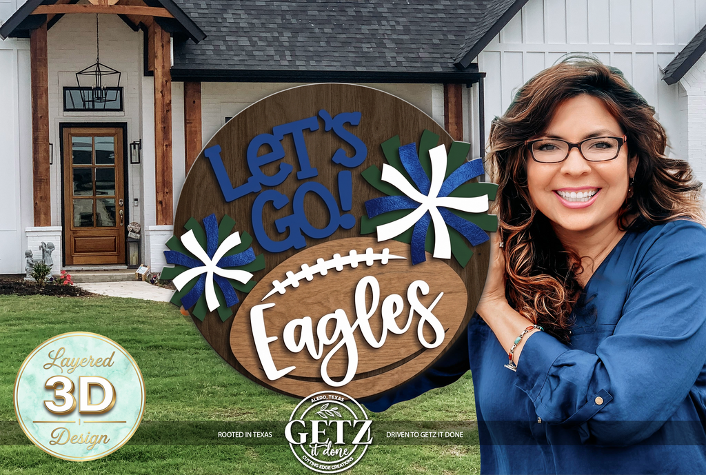 3D Layered Wood Game Day Door Hanger - "Let's Go!" Eagles & Bearcats Football Sign with 3D Pom Poms | School Spirit & Game Day Decor