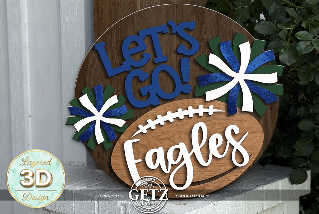 3D Layered Wood Game Day Door Hanger - "Let's Go!" Eagles & Bearcats Football Sign with 3D Pom Poms | School Spirit & Game Day Decor